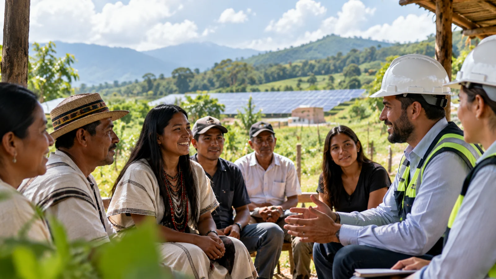 Escena conceptual de relacionamiento comunitario y energía renovable